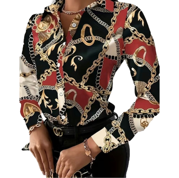 Passion Baroque Color Block Chain Print Button Shirt, Casual Long Sleeve Shirt - Picture 1 of 8